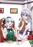  +_+ 2girls :d apron arms_up black_bow black_neckwear blue_eyes blue_skirt blue_vest blush bow braid butter cake cake_slice chair chocolate_cake commentary_request cup eyebrows_visible_through_hair flower food fork green_vest hair_ribbon highres holding holding_tray ice_cream indoors izayoi_sakuya konpaku_youmu looking_at_another maid_headdress multiple_girls open_mouth pancake picture_(object) plate puffy_short_sleeves puffy_sleeves red_carpet red_eyes red_flower red_rose ribbon rose saucer shirt short_hair short_sleeves silver_hair sitting skirt smile standing syrup table tablecloth teacup touhou tray tress_ribbon twin_braids upper_body upper_teeth vase vest waist_apron white_shirt yasuu_(ezuw3737) 