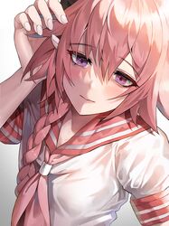  1boy astolfo_(fate) bangs black_bow blush bow braid fate/apocrypha fate/grand_order fate_(series) hair_intakes highres long_braid long_hair looking_at_viewer multicolored_hair otoko_no_ko pink_hair sailor_collar school_uniform serafuku single_braid streaked_hair suou-sensei violet_eyes white_hair 