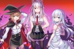  3girls alternate_costume animal_ears bandages bat black_bow black_headwear black_legwear black_skirt blue_eyes bow brown_eyes brown_hair castle cat_ears cat_tail commentary_request cowboy_shot dress dress_shirt facial_scar fathom gangut_(kantai_collection) gradient_sky hair_bow hair_ornament hairclip halloween_costume hat hibiki_(kantai_collection) highres kantai_collection long_hair low_twintails multiple_girls one_eye_closed pencil_skirt pleated_skirt red_eyes red_sky scar scar_on_cheek shirt silver_hair skirt sky sleeveless sleeveless_shirt standing tail tashkent_(kantai_collection) thigh-highs twintails verniy_(kantai_collection) white_dress witch_hat 