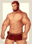  1boy abs bara beard chest chest_hair cowboy_shot facial_hair fate/grand_order fate/zero fate_(series) highres iskandar_(fate) male_focus muscle naked_towel navel navel_hair nipples red_eyes redhead ryker scar short_hair solo thick_thighs thighs towel 