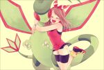  1girl :d bangs bike_shorts blush bow_hairband brown_hair claws closed_eyes commentary_request eyelashes flygon gen_3_pokemon hairband happy hug komasawa_(fmn-ppp) leg_up may_(pokemon) open_mouth pokemon pokemon_(creature) pokemon_(game) pokemon_oras red_hairband red_shirt shirt shoes shorts sleeveless sleeveless_shirt smile teeth tongue white_shorts 