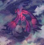  clouds commentary from_below full_body gen_6_pokemon green_eyes legendary_pokemon night no_humans open_mouth outdoors pippi_(pixiv_1922055) pokemon pokemon_(creature) sky solo star_(sky) talons wings yveltal 