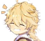  1boy aether_(genshin_impact) ahoge bangs blonde_hair chibi closed_eyes eyebrows_visible_through_hair fransiskaniki27 genshin_impact hair_between_eyes head_only highres jewelry simple_background smile teeth upper_body white_background 
