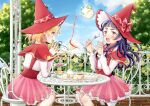  2girls :d asahina_mirai bangs blonde_hair blush bow bowtie capelet cup day eyebrows_visible_through_hair floating_hair from_side hair_between_eyes hat hat_bow holding holding_wand izayoi_liko kononkono layered_skirt long_hair long_sleeves magic mahou_girls_precure! miniskirt multiple_girls open_mouth outdoors pink_eyes pink_skirt plaid plaid_bow plaid_neckwear precure purple_hair red_bow red_capelet red_headwear red_neckwear shiny shiny_hair shirt short_hair sitting skirt smile tea_party teacup teapot violet_eyes wand white_shirt witch_hat 