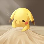 brown_eyes commentary_request gen_1_pokemon no_humans one_eye_closed paws pikachu pokemon pokemon_(creature) rubbing_eyes sky_sora_heaven solo tearing_up under_covers waking_up 