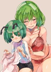  2girls antennae blush bob_cut breasts colored_eyelashes fundoshi green_hair hand_on_another&#039;s_back highres holding holding_clothes japanese_clothes kazami_yuuka large_breasts lingerie multiple_girls naughty_face red_eyes short_hair short_shorts shorts size_difference smile touhou underwear wavy_hair wriggle_nightbug yohane yuri 