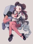  1girl amezawa_koma ascot black_dress black_footwear bow brown_bow brown_eyes brown_hair chin_grab collared_shirt commentary crossed_legs double_bun dress gen_1_pokemon gen_3_pokemon geodude grey_background gym_leader hair_bow hair_pulled_back highres holding holding_poke_ball invisible_chair long_hair looking_at_viewer mary_janes nosepass one_eye_closed pantyhose pink_neckwear poke_ball poke_ball_(basic) pokemon pokemon_(creature) pokemon_(game) pokemon_oras puffy_short_sleeves puffy_sleeves purple_legwear roxanne_(pokemon) shirt shoes short_dress short_sleeves simple_background sitting twintails twitter_username white_shirt wing_collar 