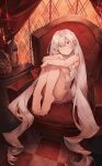  1girl armchair bare_arms bare_shoulders barefoot bottle cabinet chair closed_mouth curtains dress fingernails glass head_tilt highres leg_hug long_hair looking_at_viewer original panties red_eyes shichigatsu short_dress sitting smile solo toenails underwear very_long_hair white_dress white_panties window 