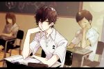  1girl 2boys alternate_costume amamiya_ren bangs black_border black_hair border chair chin_rest closed_mouth desk elbow_rest faceless multiple_boys pencil_case persona persona_5 school school_desk school_uniform shirt short_sleeves sitting white_shirt yellow_eyes yuu_(isis7796) 