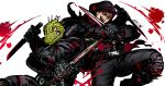  2boys aikawa_(dorohedoro) black_hair black_hoodie black_pants blood blood_splatter bloody_weapon chest climaxmukr dorohedoro dual_wielding facial_mark fighting_stance green_skin holding holding_weapon hood hoodie kaiman_(dorohedoro) knife lizardman male_focus multiple_boys open_clothes open_hoodie pants scales sharp_teeth short_hair sideburns teeth toned toned_male weapon 