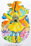  1other androgynous blonde_hair blue_eyes boots colorful cyclops flower hood hood_up looking_at_viewer one-eyed original pale_skin rainbow raincoat rubber_boots shima_(wansyon144) solo upside-down_rainbow wet yellow_footwear 