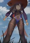  1girl absurdres ass_visible_through_thighs blue_eyes blue_sky bodysuit breasts brown_legwear cape clouds darcy_(pixiv11949485) day detached_sleeves from_below genshin_impact grass hat highres leotard long_hair looking_at_viewer mona_(genshin_impact) outdoors pantyhose purple_hair sky small_breasts solo standing twintails witch_hat 