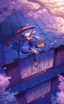  1girl :d blue_shorts bottle cape cat cherry_blossoms closed_eyes cup foot_dangle from_above hat highres kohari_(shichigatsu) on_roof open_mouth original purple_hair rice_hat rooftop sakazuki sandals shichigatsu shorts sitting smile solo tree tree_branch 