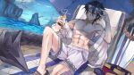  1boy abs absurdres beach black_hair blue_eyes book collar cup drinking_straw highres holding holding_cup holding_eyewear looking_at_viewer ocean self_upload shirt short_hair shorts sitting sunglasses tail white_shirt yunano 