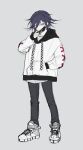  1boy absurdres alternate_costume bangs black_hair black_pants dangan_ronpa full_body grey_background hair_between_eyes hand_in_pocket highres hood long_sleeves looking_at_viewer male_focus mask mask_pull moona_59 mouth_mask new_dangan_ronpa_v3 ouma_kokichi pants shoes simple_background sketch sneakers solo standing violet_eyes white_hoodie 