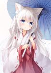  1girl animal_ear_fluff animal_ears bangs blue_eyes blush closed_mouth commission eyebrows_visible_through_hair fox_ears highres japanese_clothes kata_rosu long_hair looking_at_viewer original simple_background skeb_commission smile solo umbrella white_hair 