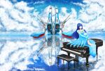  1girl absurdres chair choujikuu_yousai_macross clouds codealdnoah commentary dress elbow_gloves energy_cannon english_commentary gloves highres huge_filesize instrument lake long_dress looking_at_viewer lynn_minmay macross mecha ocean piano reflection robotech science_fiction sitting songstress space_craft storm_attacker water 