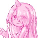  1girl :d breasts eyes_visible_through_headwear from_side hand_up horns kixyuresu looking_at_viewer looking_to_the_side monster_girl open_mouth original pink_eyes pink_hair pink_skin simple_background single_horn slime_girl small_breasts smile solo upper_body white_background 