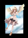  1girl angel angel_wings bike_shorts black_border black_shorts blonde_hair blue_eyes blue_sky border broken_halo clouds cloudy_sky crimvael dmitriy_samarkin dress feathered_wings halo highres index_finger_raised ishuzoku_reviewers long_hair sandals shorts sky sleeveless sleeveless_dress solo strapless strapless_dress white_dress wings 