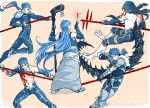  5boys abs armor back belt blue_hair bodypaint bodysuit bracelet claws codpiece crescent_necklace cu_chulainn_(fate)_(all) cu_chulainn_(fate/grand_order) cu_chulainn_(fate/prototype) cu_chulainn_alter_(fate/grand_order) detached_sleeves earrings elbow_gloves fate/grand_order fate/prototype fate/stay_night fate_(series) fighting_stance fingerless_gloves from_behind from_side full_body fur gae_bolg gloves greaves harem_pants holding holding_weapon jewelry jumping keyhof lancer long_hair male_focus monster_boy multiple_boys multiple_persona navel pants pauldrons ponytail red_eyes rune sandals short_hair shoulder_armor skin_tight spikes spiky_hair staff strap tail tank_top type-moon very_long_hair weapon wooden_staff 