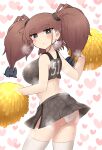  1girl alternate_costume ass atlanta_(kantai_collection) breasts brown_hair cheerleader earrings grey_eyes heart heart_background highres jewelry kantai_collection large_breasts long_hair looking_at_viewer panties pleated_skirt pom_poms shirt simoyuki skirt solo star_(symbol) star_earrings steam sweat thigh-highs two_side_up underwear white_legwear white_panties 
