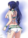  1girl absurdres ass_visible_through_thighs bikini blue_background blue_hair blush bracelet breasts contrapposto flower hair_flower hair_ornament highres jan_azure jewelry long_hair love_live! love_live!_school_idol_project love_live!_sunshine!! matsuura_kanan medium_breasts parted_lips ponytail solo swimsuit thighs twitter_username white_background yellow_eyes 