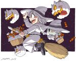  1girl 1other bangs basket black_footwear blush bow candy dated food halloween halloween_costume hat hood hood_down kohei_nakaya long_sleeves open_mouth orange_bow original shoes short_hair signature smile tongue tongue_out white_hair white_headwear witch witch_hat 