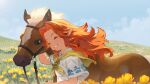  1girl animal arm_up blanco026 blue_eyes blue_sky brown_hair child closed_eyes clouds commentary day dress epona field flower highres horse long_hair malon orange_hair outdoors parted_lips pointy_ears short_sleeves sky smile solo teeth the_legend_of_zelda the_legend_of_zelda:_ocarina_of_time upper_body white_dress yellow_flower 