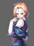  android_18 belt blonde_hair blue_eyes blue_jacket blue_skirt brown_belt closed_mouth dated dragon_ball dragon_ball_z finger_to_mouth from_side grey_background hair_intakes highres index_finger_raised ioverain7777 jacket long_shirt long_sleeves open_clothes open_jacket shiny shiny_hair short_hair signature simple_background skirt smile twitter_username 