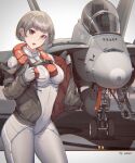  1girl absurdres aircraft airplane bob_cut bodysuit breasts brown_coat coat covered_navel cowboy_shot earrings fighter_jet grey_hair highres jet jewelry long_sleeves military military_vehicle off_shoulder open_clothes open_coat original pilot_suit red_eyes senjouhara_nira short_hair small_breasts solo standing white_bodysuit 