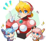  3girls alia_(rockman) android bangs blonde_hair blue_eyes blue_hair blunt_bangs blush breasts capcom closed_mouth dated framed_breasts hair_between_eyes hand_on_hip headset index_finger_raised long_hair microphone multiple_girls navigator_(irregular_hunter_x) open_mouth pink_hair robot_ears rockman rockman_x short_hair smile sparkle tobitori white_background 