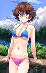  1girl akaboshi_koume aposine artist_name bikini blue_eyes breasts brown_hair bush closed_mouth clouds collarbone commentary cowboy_shot english_commentary eyebrows_visible_through_hair girls_und_panzer hair_between_eyes highres looking_at_viewer medium_breasts mismatched_bikini navel railing short_hair side-tie_bikini signature sky smile solo standing swimsuit water 
