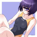 1girl bare_arms border breasts closed_mouth collarbone cyclops kouda_tomohiro looking_at_viewer manako monster_girl monster_musume_no_iru_nichijou one-eyed one-piece_swimsuit purple_hair short_hair small_breasts smile solo swimsuit violet_eyes white_border 