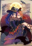  2girls bat blue_eyes blue_hair capelet carrying cloak commentary_request gloves hair_ornament halloween halloween_costume hat highres kousaka_honoka long_hair long_sleeves looking_at_viewer love_live! love_live!_school_idol_festival love_live!_school_idol_project macken moon multiple_girls one_side_up orange_hair princess_carry sonoda_umi witch_hat yellow_eyes 