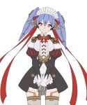  1girl android breasts cowboy_shot head_tilt highres hksicabb joints long_hair maid maid_headdress medium_breasts orange_eyes poppi_(xenoblade) poppi_qt_(xenoblade) purple_hair robot_joints simple_background smile solo thigh-highs twintails white_background xenoblade_chronicles_(series) xenoblade_chronicles_2 