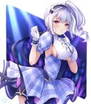  1girl azur_lane bangs black_hairband blue_dress blunt_bangs blurry blurry_background breasts clothing_cutout cowboy_shot dido_(azur_lane) dress eyebrows_visible_through_hair finger_to_mouth frills gloves glowstick hairband highres kiri_celea large_breasts long_hair looking_at_viewer maid_headdress plaid plaid_dress side_ponytail sideboob silver_hair simple_background solo under_boob underboob_cutout violet_eyes white_gloves wrist_cuffs 