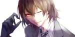  1boy akechi_gorou bangs black_gloves brown_eyes brown_hair eyebrows_visible_through_hair face gloves grey_jacket hair_between_eyes highres jacket male_focus necktie one_eye_closed open_mouth persona persona_5 simple_background solo striped striped_neckwear white_background yuu_(isis7796) 