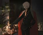  1boy alcohol black_gloves black_jacket black_pants black_shirt black_suit bottle coat coat_on_shoulders cowboy_shot cup dress_shirt earrings fate/grand_order fate_(series) flower formal gloves hand_in_pocket heroic_spirit_formal_dress holding holding_bottle indoors itefu jacket jewelry karna_(fate) lamp long_sleeves looking_away male_focus mirror necktie pale_skin pants pitcher plant pouring profile red_coat rose shirt short_hair solo standing suit white_hair yellow_neckwear 