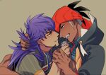  2boys black_hoodie commentary_request dark_skin dark_skinned_male earrings eye_contact eyelashes fingernails half-closed_eyes holding_hands hood hood_down jewelry leon_(pokemon) looking_at_another male_focus mouth_hold multiple_boys orange_headwear parted_lips pokemon pokemon_(game) pokemon_swsh purple_hair raihan_(pokemon) shirt short_sleeves smile sweat teeth unko_yoshida upper_body yellow_eyes 