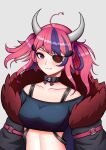  1girl :3 absurdres breasts choker english_commentary eyepatch fang fang_out grey_background highres horns indie_virtual_youtuber ironmouse medium_breasts one_eye_covered pendramon pink_hair solo two_side_up violet_eyes virtual_youtuber 