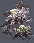  ac-130_spectre chibi extra_arms f-15_eagle_(muvluv) flying glowing glowing_eyes grey_background gun holding holding_gun holding_weapon mecha mechanization muvluv muvluv_alternative no_humans shoulder_cannon susagane visor weapon yellow_eyes 