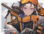  1boy apex_legends black_hair closed_mouth earrings eyewear_on_head foreverechoyu gloves hair_ornament hairclip highres holostars jewelry kanade_izuru lightning_bolt lightning_bolt_hair_ornament looking_at_viewer male_focus mouth_hold smile solo violet_eyes virtual_youtuber weapon weapon_on_back 