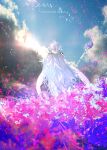  1girl clouds copyright_name facing_away fate/grand_order fate/prototype fate_(series) flower from_behind holding long_hair merlin_(fate/prototype) otsumami_(bu-bu-heaven) outdoors scenery sky solo staff standing sunlight tagme very_long_hair white_hair white_robe 