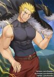  1boy bara bare_arms bare_shoulders blonde_hair chest covered_abs cowboy_shot facial_hair fairy_tail fur-trimmed_jacket fur_trim gumroad_username jacket jacket_removed kienbiu laxus_dreyar male_focus muscle patreon_username shirt short_hair sideburns skin_tight sleeveless sleeveless_shirt solo spiky_hair taut_clothes taut_shirt thick_thighs thighs twitter_username 