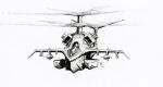  a_motorcycle_with_teeth aircraft english_commentary flying helicopter military missile monochrome no_humans original propeller traditional_media vehicle_focus white_background 