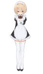  1girl absurdres alternate_costume apron arms_behind_back black_dress blanc blush bow bowtie buran_buta dress enmaided frilled_dress frills full_body hair_between_eyes hand_on_own_chest high_heels highres looking_at_viewer maid maid_apron maid_headdress neptune_(series) open_mouth red_neckwear short_hair simple_background solo thigh-highs white_apron white_background 