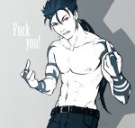  1boy abs angry artist_name belt biceps blue_hair bodypaint cu_chulainn_(fate)_(all) earrings fate/stay_night fate_(series) jewelry keyhof lancer long_hair male_focus middle_finger navel nipples pectorals ponytail red_eyes shirtless solo spiky_hair type-moon 
