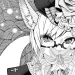  1girl absurdres animal_ears bangs cluseller commentary_request covering_mouth cross face final_fantasy final_fantasy_xiv flower glasses greyscale hat highres huge_filesize leaf lily_(flower) looking_at_viewer miqo&#039;te monochrome semi-rimless_eyewear short_hair slit_pupils solo 