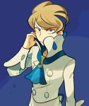  1boy apron blonde_hair blue_background blue_eyes closed_mouth commentary_request elite_four hand_up long_sleeves looking_at_viewer male_focus pokemon pokemon_(game) pokemon_xy popped_collar siebold_(pokemon) solo ucchii upper_body waist_apron 