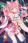  1girl ahoge animal_ear_fluff animal_ears armpits bell blush breasts cat_ears cherry_blossom_print earphones eyebrows_visible_through_hair floral_print gloves green_eyes hair_bell hair_ornament highres hololive kawaiipony2 leg_garter looking_at_viewer one_eye_closed open_mouth paw_gloves paw_print_pattern paws pink_hair sakura_miko sandals sideboob single_thighhigh thigh-highs virtual_youtuber white_legwear 